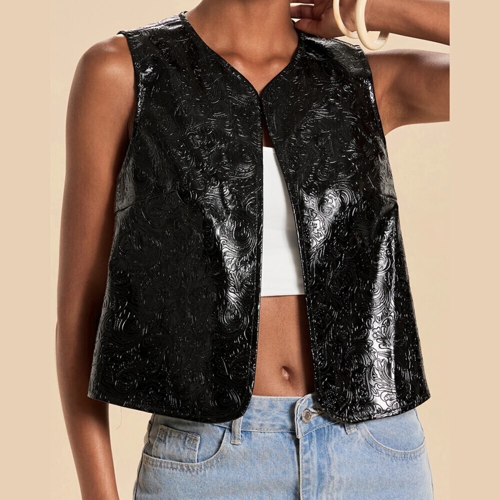 Black Embossed Faux Leather Open Front Lightweight Cropped Vest